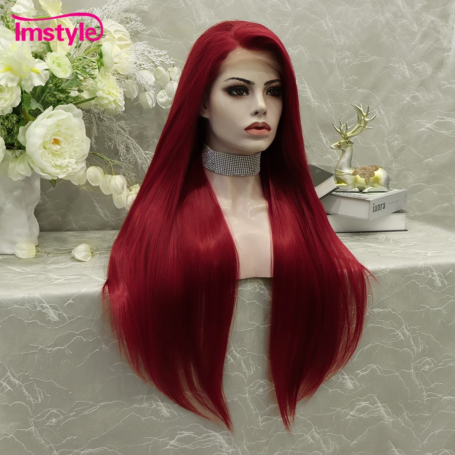 Imstyle Red Lace Wig Synthetic Lace Front Wig For Women Long Straight Wig Heat Resistant Fiber Cosplay Wig