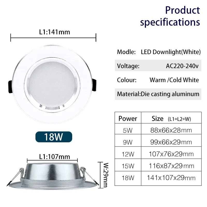 Spot lumineux Led pour le plafond, éclairage d\'intérieur, luminaire de plafond, 5/9/12/15/18W, AC 220/230/240V, 10 unités par lot