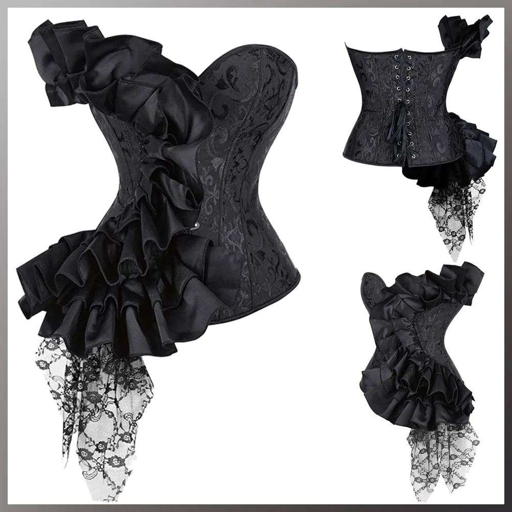 Victorian Renaissance Costume Disguise Adult Medieval Princess Cosplay Fantasy Sexy Lace Black Corset Off Shoulder Body Shaper