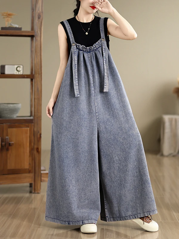 Retro Loose Fit Long One-Piece Denim Overalls for Women plus Size Casual High Waist Pure Color Spring Summer Autumn Pants