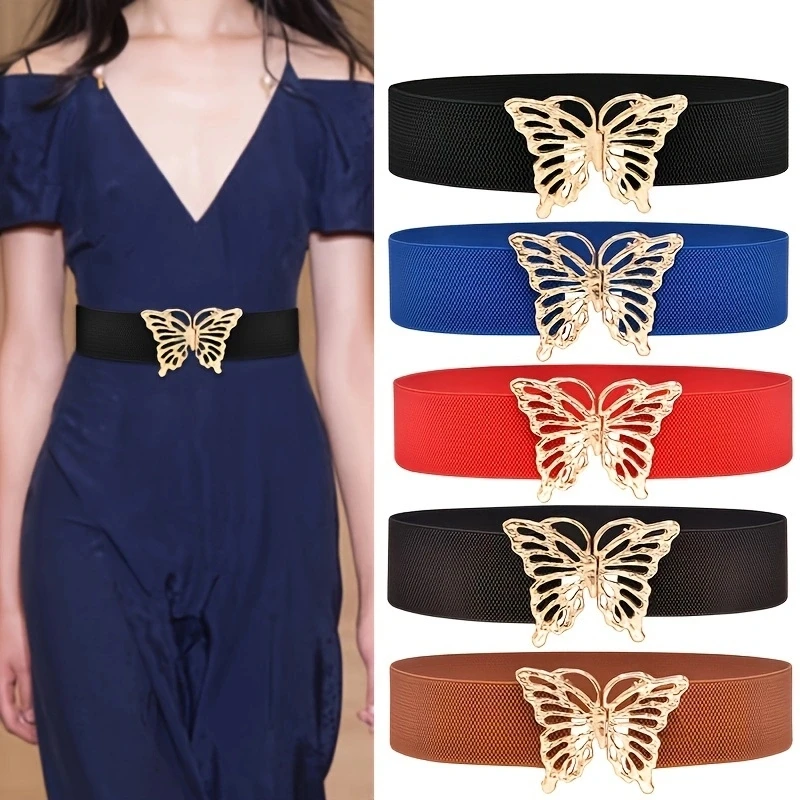 Butterfly Buckle Wide Belts Classic Solid Color Elastic Waistband Elegant Dress Coat Girdle For Women