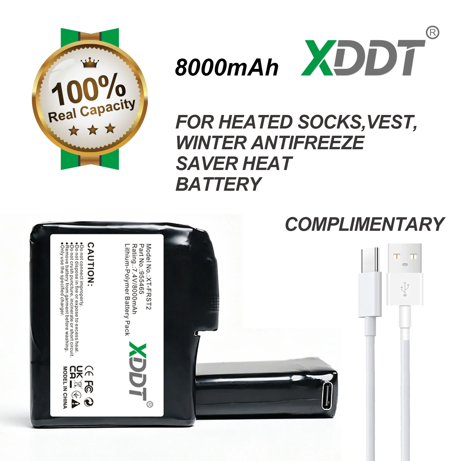 7.4V 8000mAh Rechargeable Lithium Polymer Battery for Heated Gloves Socks Heated Jackets Vest Motorcycle Gloves USB Charger