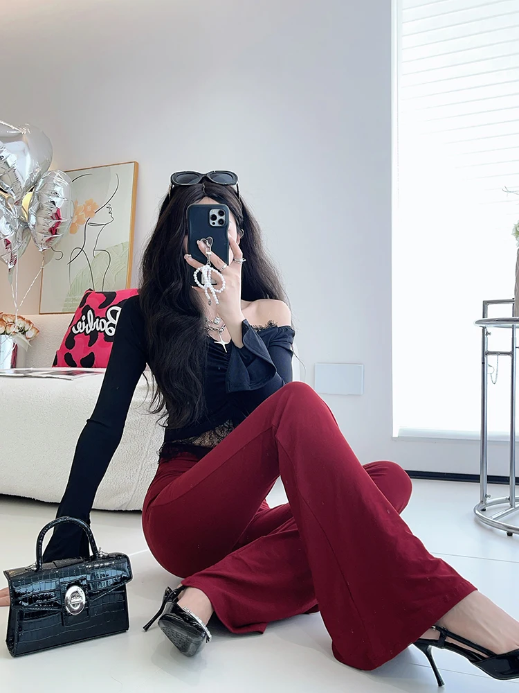 بنطلون نسائي بخصر عالٍ وأرجل واسعة، مبطن بالصوف، يساعد على تنحيف الجسم، لون أحمر، تصميم مثير وشخصي، يرفع المؤخرة، بنطلون طويل #1