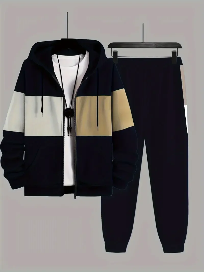 Large men's 2-piece set, contrasting hooded jacket and jogging pants set for spring, autumn, and winter, men's clothing