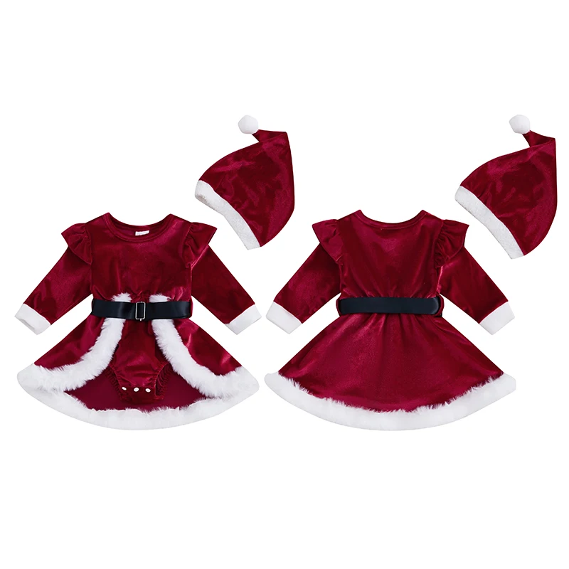 Baby Girls Velvet Romper Dress Terry Trim Long Sleeve Santa Jumpsuit Christmas Hat Adorable Outfits