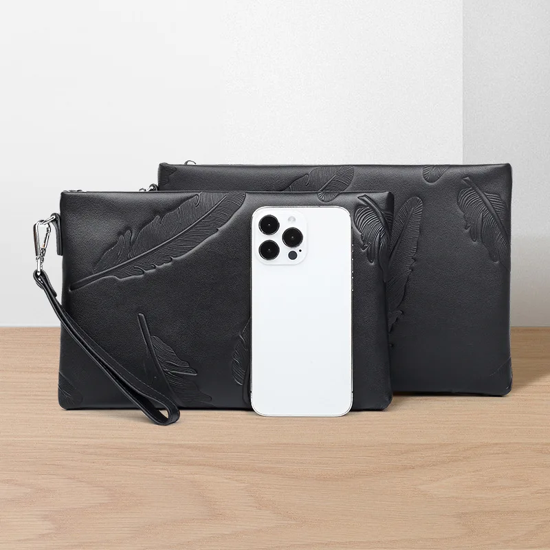 New Genuine Leather Men's Clutch Bag Embossed Envelope Handbag Trendy Casual Wrist Purse for Daily Commute Travel