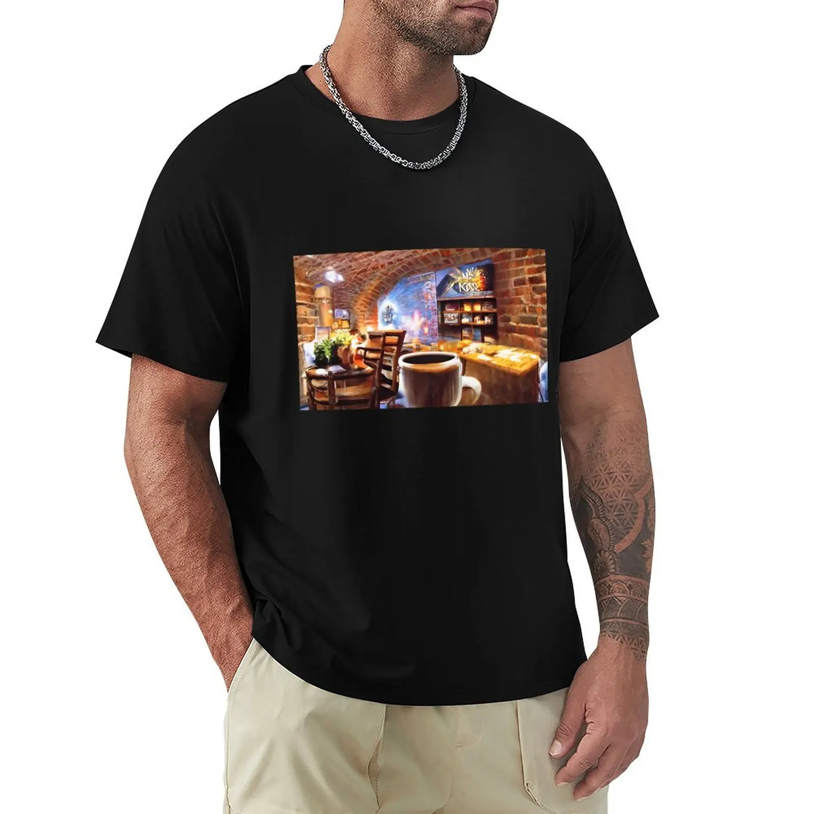 Coffee in an abstract brick café T-Shirt plus sizes customizeds t shirt men 100℅ cotton