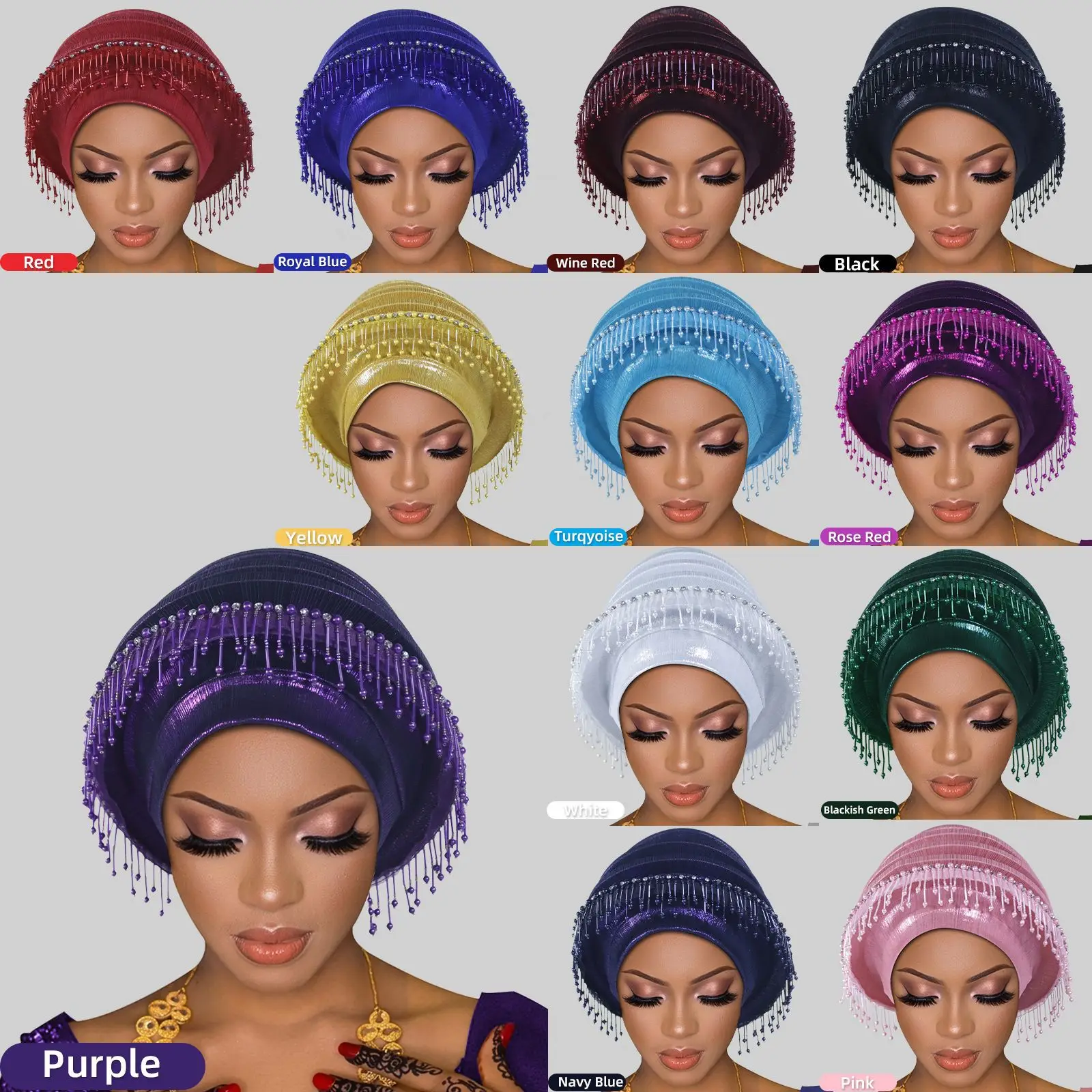 African Headtie Women Beads Tassels Turban Cap Nigerian Wedding Auto Gele Party Headpiece Head Wraps Hijab Bonnet Hat Headdress