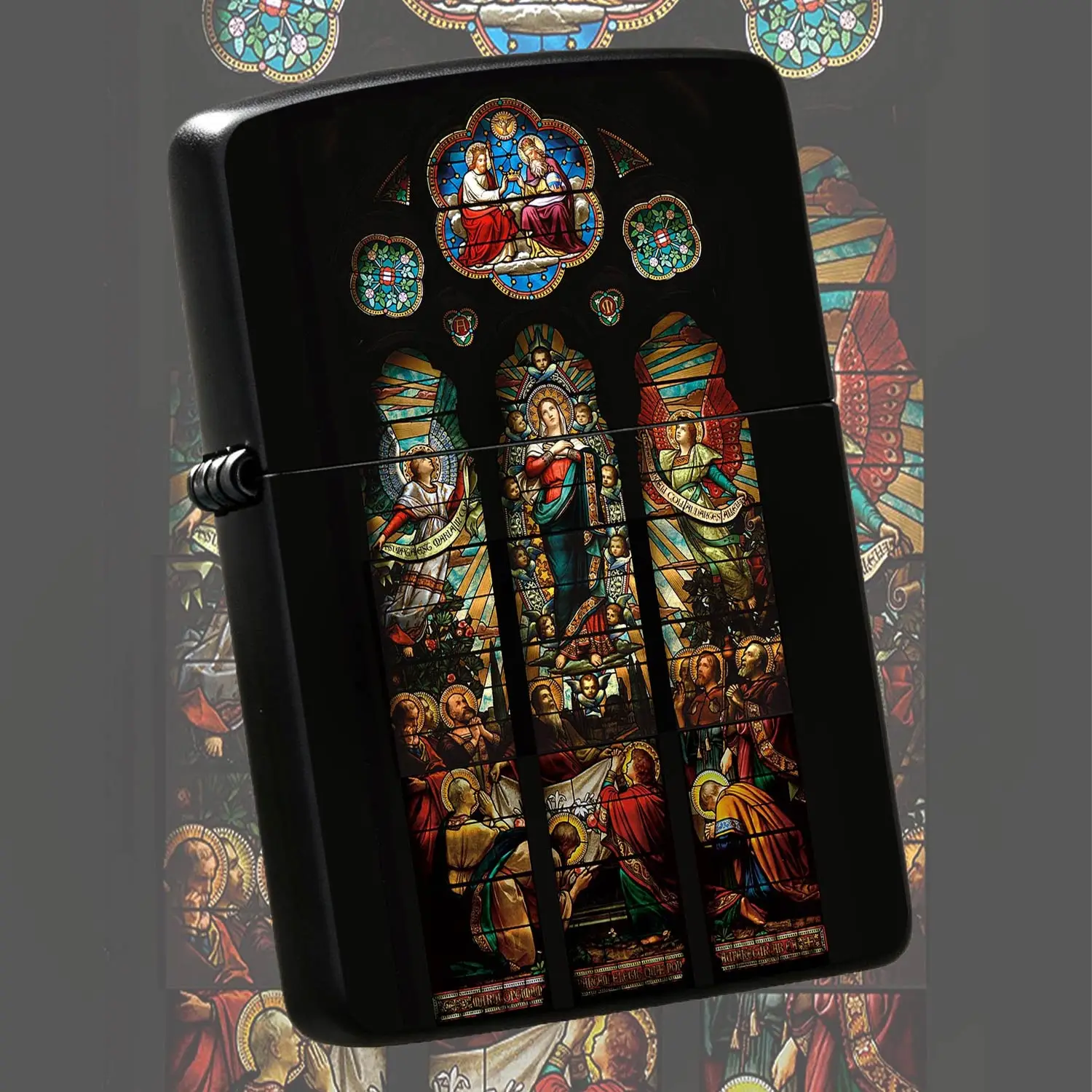 Vintage Stained Glass Coronation Of Mary Themed Lighter, Exquisite Classic Religious Painted Pattern Portable Igniter, Fine Collectible, Suitable For Daily Candle Incense Lighting Scenarios, Unique Practical Gift For Friends, Distinctive De