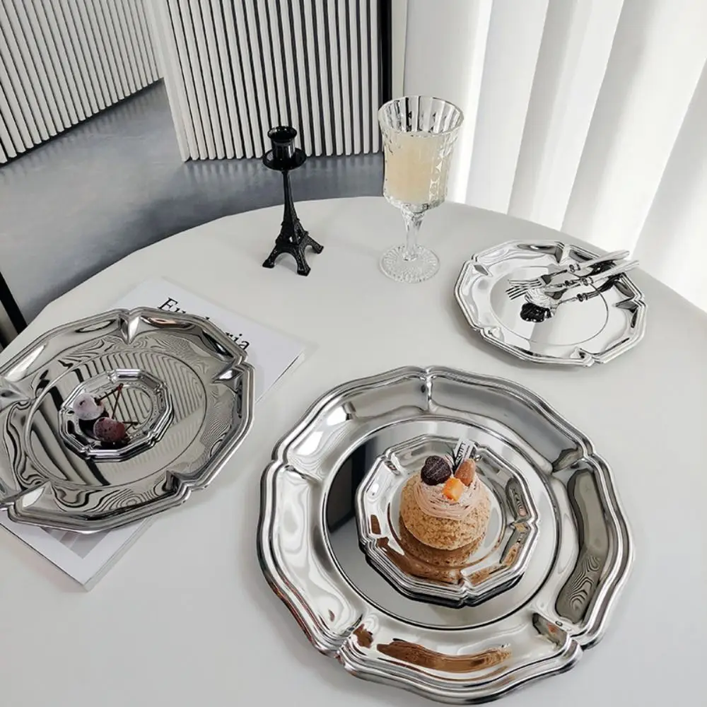 Modern Style Mirror Finish Stainless Steel Serving Tray Silver Brushed Back Dessert Plate Round Snack Dish Dessert Serving