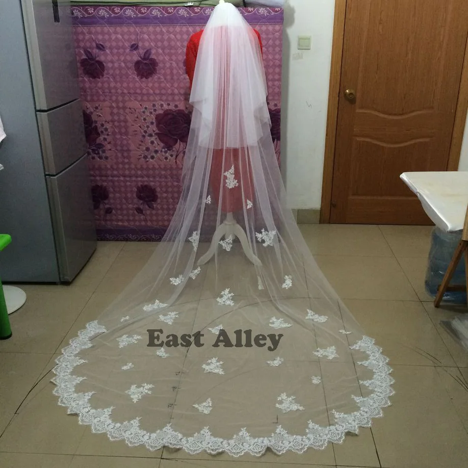 White Ivory 4 Meters Long Full Edge Lace Wedding Veil Two Layers Tulle Bridal Veil with Comb Wedding Accessories Veu De Noiva