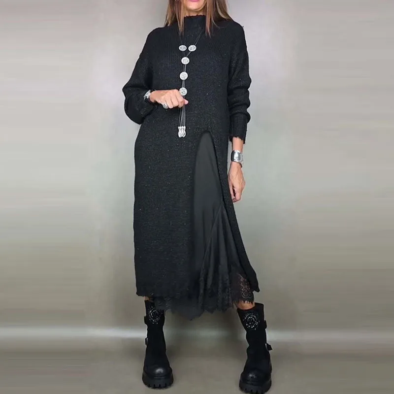 Forest style casual loose suit long side slit sweater paired with lace skirt set artistic retro style dress set