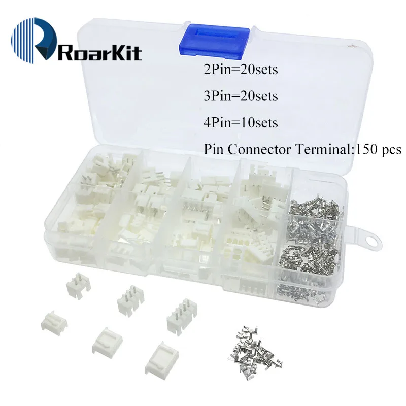 250pcs 50Sets/box kit 2.54mm XH2.54 2p 3p 4 pin Connector plug + straight needle + terminal socket Header wire Adaptor XH2P