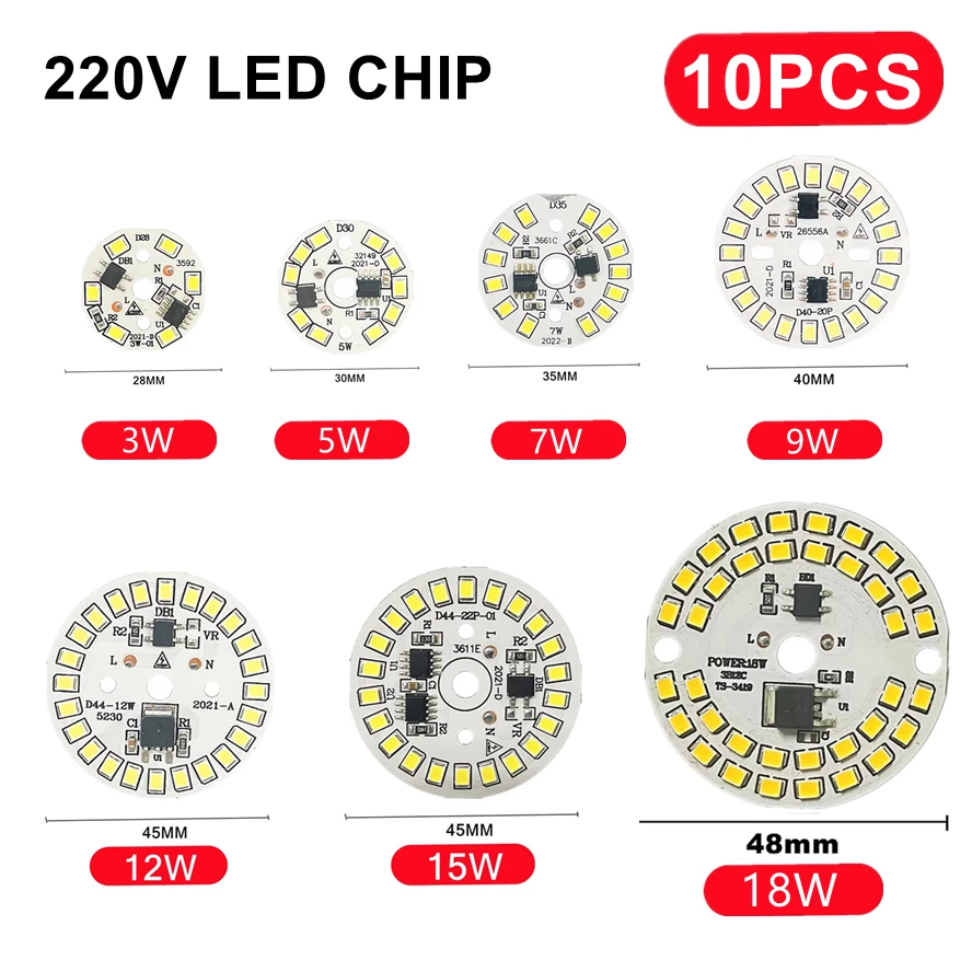10PCS LED Chip for Lamp Bulb 5W 7W 9W 12W SMD 2835 Led Round Bulb Chips Light Beads AC 220V-240V Lighting Spotlight Bulb Chip