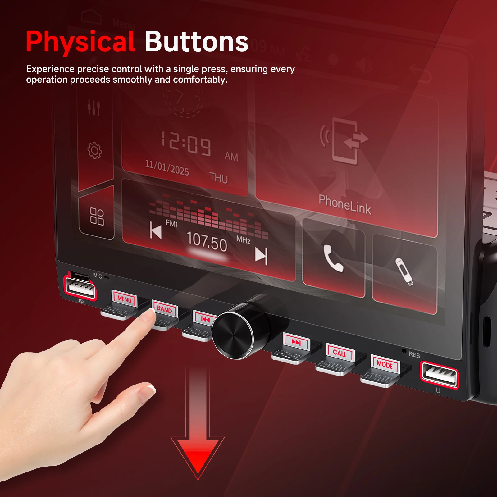 Podofo 1Din Autoradio mit Kabelgebundener Mirror-Link-Funktion, FM, BT, USB, Farbiger Hintergrundbeleuchtung, EQ-Soundeffekten, Video-Sharing-Funktion, Multifunktionales Stereosystem für