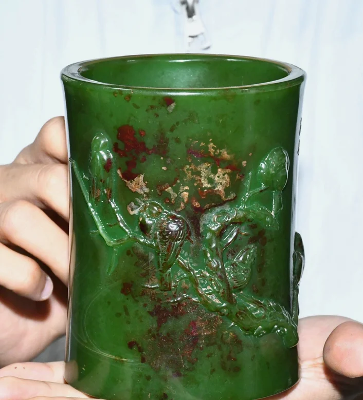 Old Dynasty Green Jade Bird Birds Bird Birds Animal Brush Pot Pencil Holder