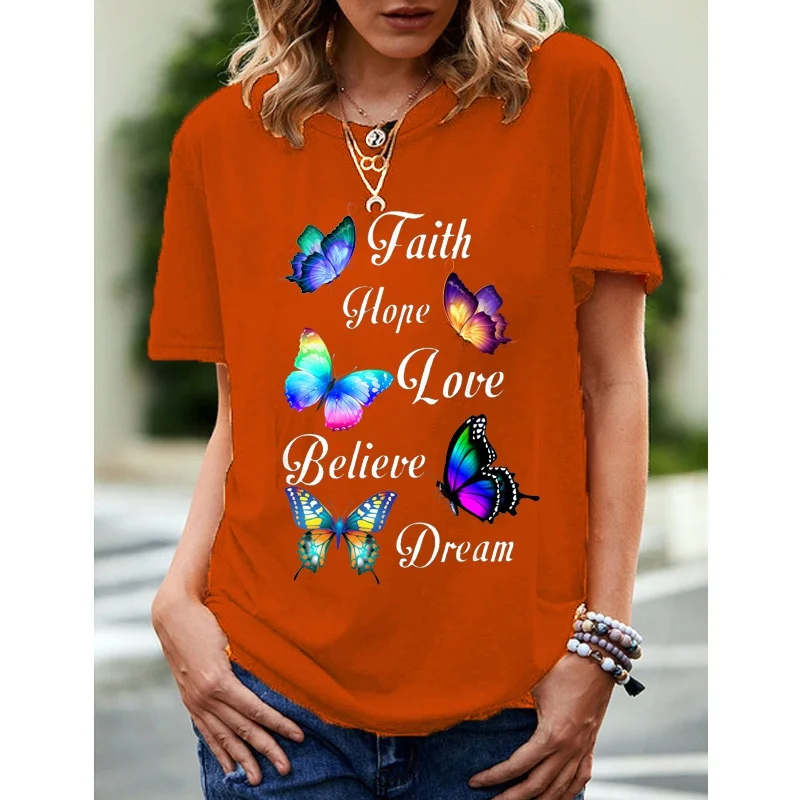 Women's Fashion Colorful Butterflies Faith Hope Love Believe Dream Christian Short Sleeves Casual Tshirt Summer Casual Clothes