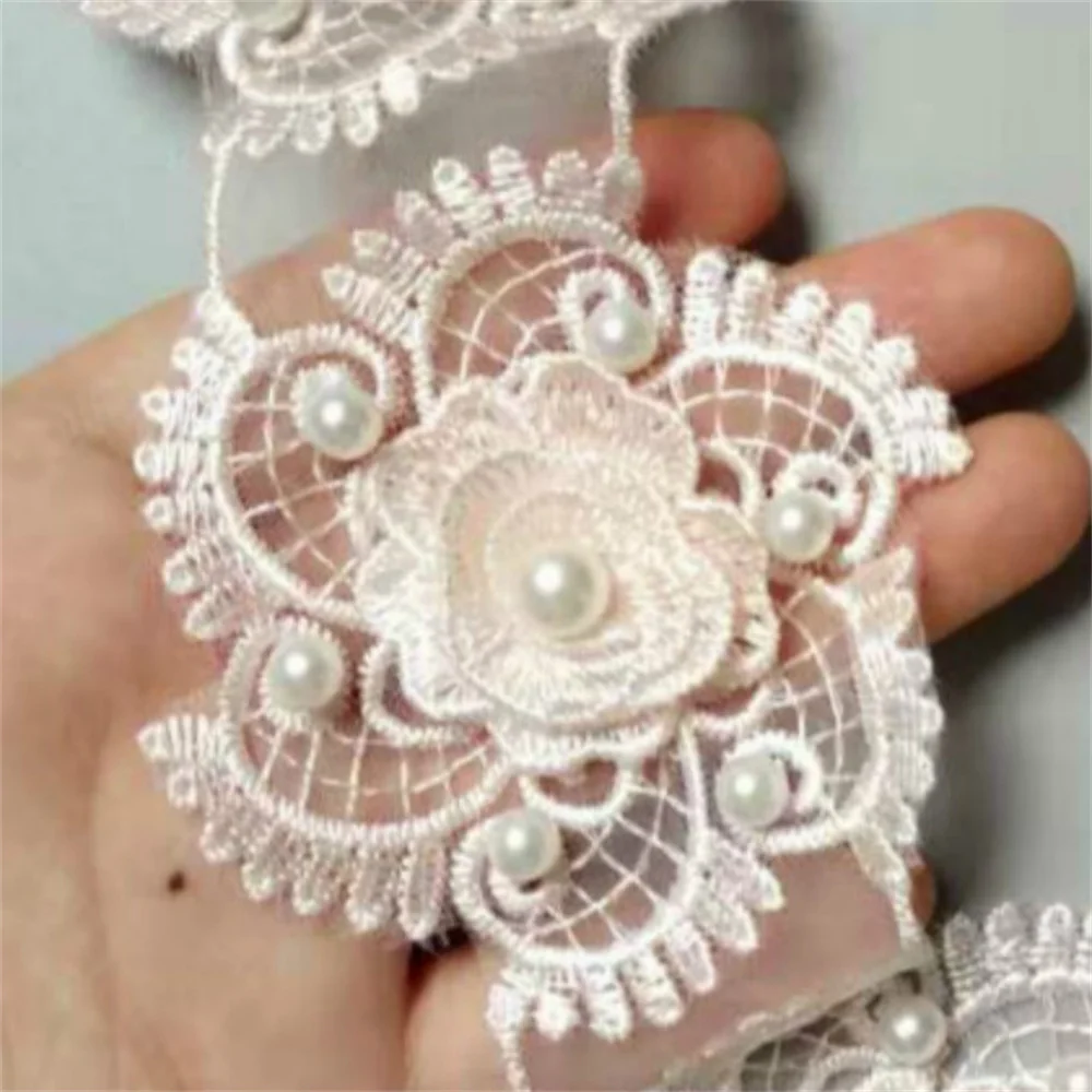 3 Yard wide 7.5cm 3D Pink flower lace ribbon sewing craft accessories Wedding dress accessories LT01