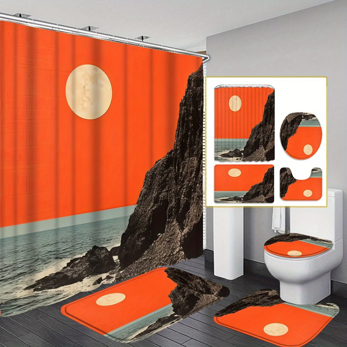 

4pcs Bathroom Collection, Featuring a Shower Curtain, Absorbent Floor Mat, Non-Slip U-Shaped Contour Rug, And Toilet