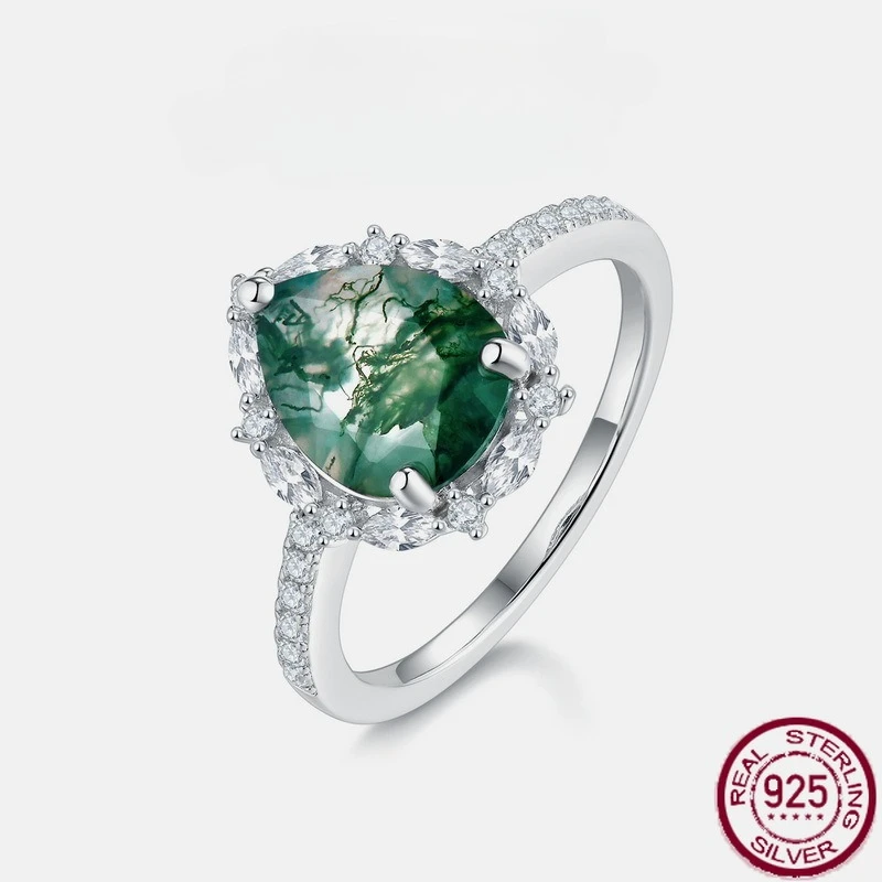 

New S925 Pure Silver Water Grass Agate Ring Water Drop Green Moss Finger Ring Light Luxury Fashion Wedding Jewelry