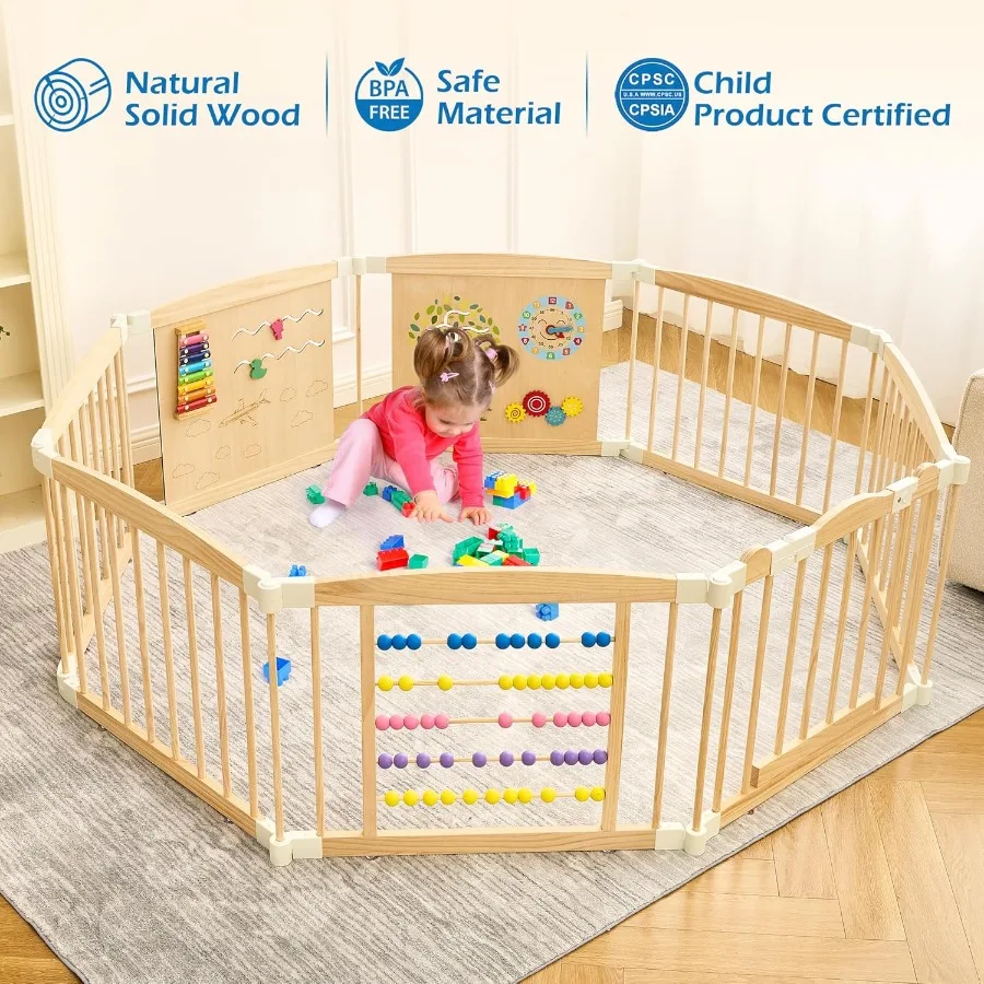 Drewniany kojec dla niemowląt i małych dzieci, składany kojec z blokadą, regulowany rozmiar i kształt, plac zabaw dla dzieci, 8 paneli.
