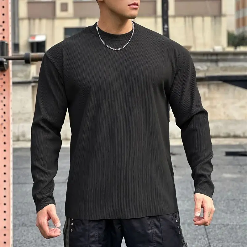Loose long sleeve men's T-shirt outdoor casual solid color vertical grain men's shirt elastic fashion fitness sports men's wear