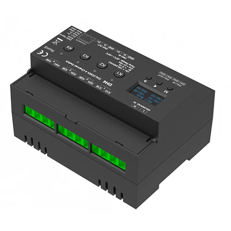 

A08F-для DMX, 4-канальный переключатель с OLED-дисплеем, реле экрана, 4 канала, выход с сухим контактом, 4 адреса, DMX-RDM, DIN-рейка, 100-240 В переменного тока