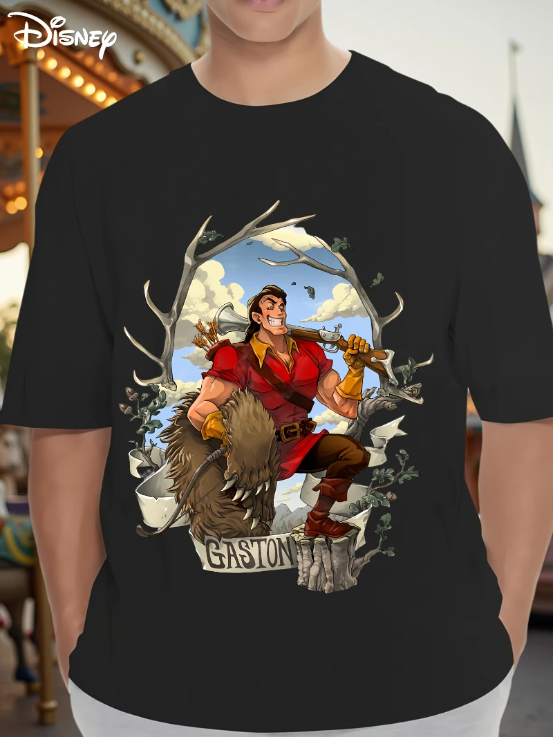 Camiseta de manga corta con estampado de Disney La Bella y La Bestia Gaston de verano para hombre, con el Gaston icónico y las escenas de caza