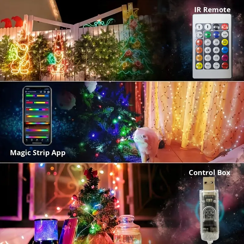 IC-RGB LED Smart Light USB Fairy Light String APP & Remote Control Music Sync Color Change DIY for Bedroom Party Christmas Decor