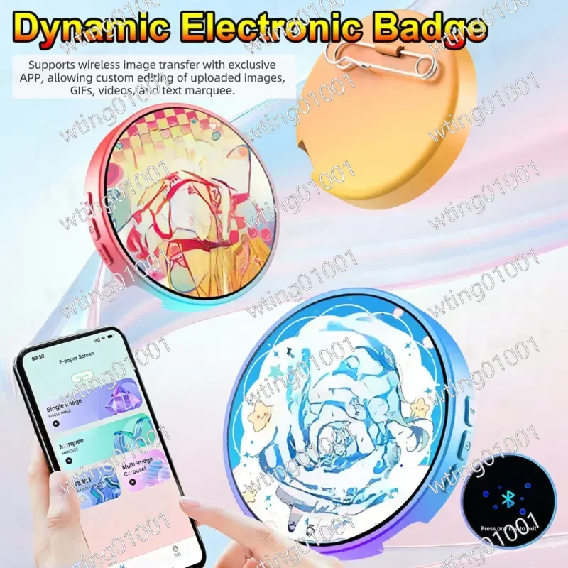 BT 5.4 Electronic Anime E-Badge Touch Screen BT Connection Peripheral Badges Animation Gradual Change Badge Gift for Friends