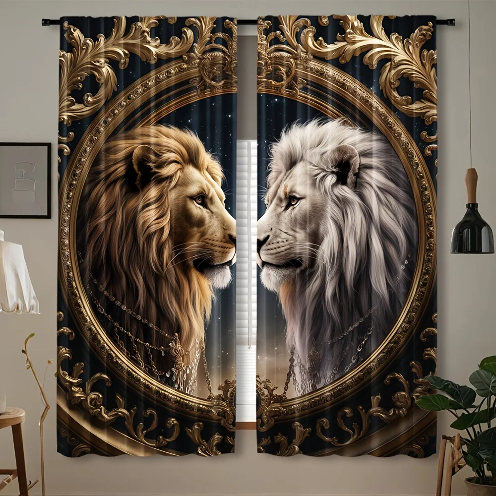 Luxury Lion Portrait Curtains for Living Room Home Decor Golden Frame Curtain Panels