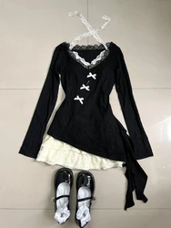 Fall Winter Women Y2k Shoujo Girl 2000s Kpop Korean Outfits 2 Piece Set Long Sleeve Tops + Coquette Ballet Core Mini Lace Dress