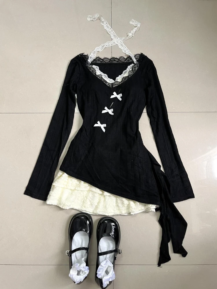 Fall Winter Women Y2k Shoujo Girl 2000s Kpop Korean Outfits 2 Piece Set Long Sleeve Tops + Coquette Ballet Core Mini Lace Dress