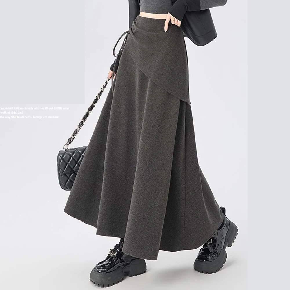 Irregular gray woolen skirt women's autumn and winter 2025 new design strappy temperament A-line umbrella skirt long skirt