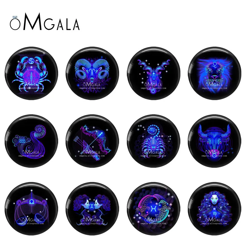 12 Horoskop Znak zodiaku 12szt 12mm/16mm/18mm/20mm/25mm/30mm Okrągłe zdjęcie Szklany kaboszon Demo Płaski tył Making