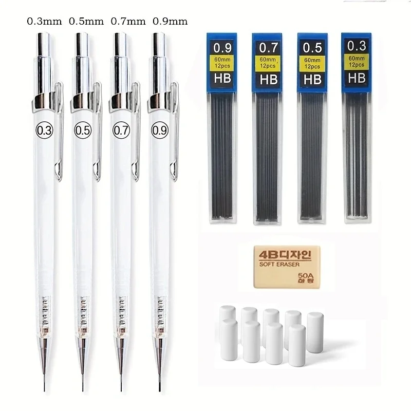 Mechanical Pencils Set Mechanical Pencil 0.3/0.5/0.7/0.9 with 2 Tubes HB Lead Pencil 0.5mm 1 PCS Eraser & 9 PCS Eraser Refill