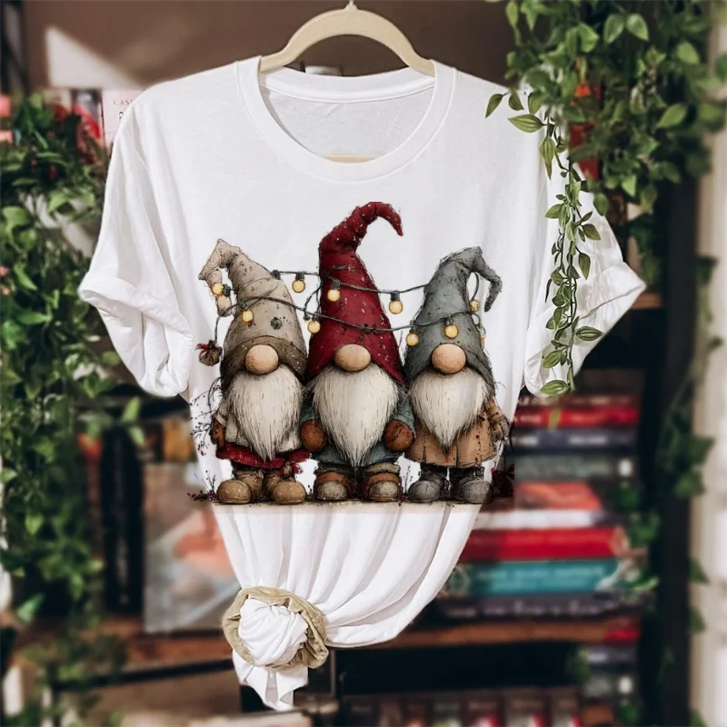 Christmas Holiday Top T-Shirt Snowman Santa Claus Print Pattern Cartoon Women's Basic Print White Short Sleeved Cute T-Shirt