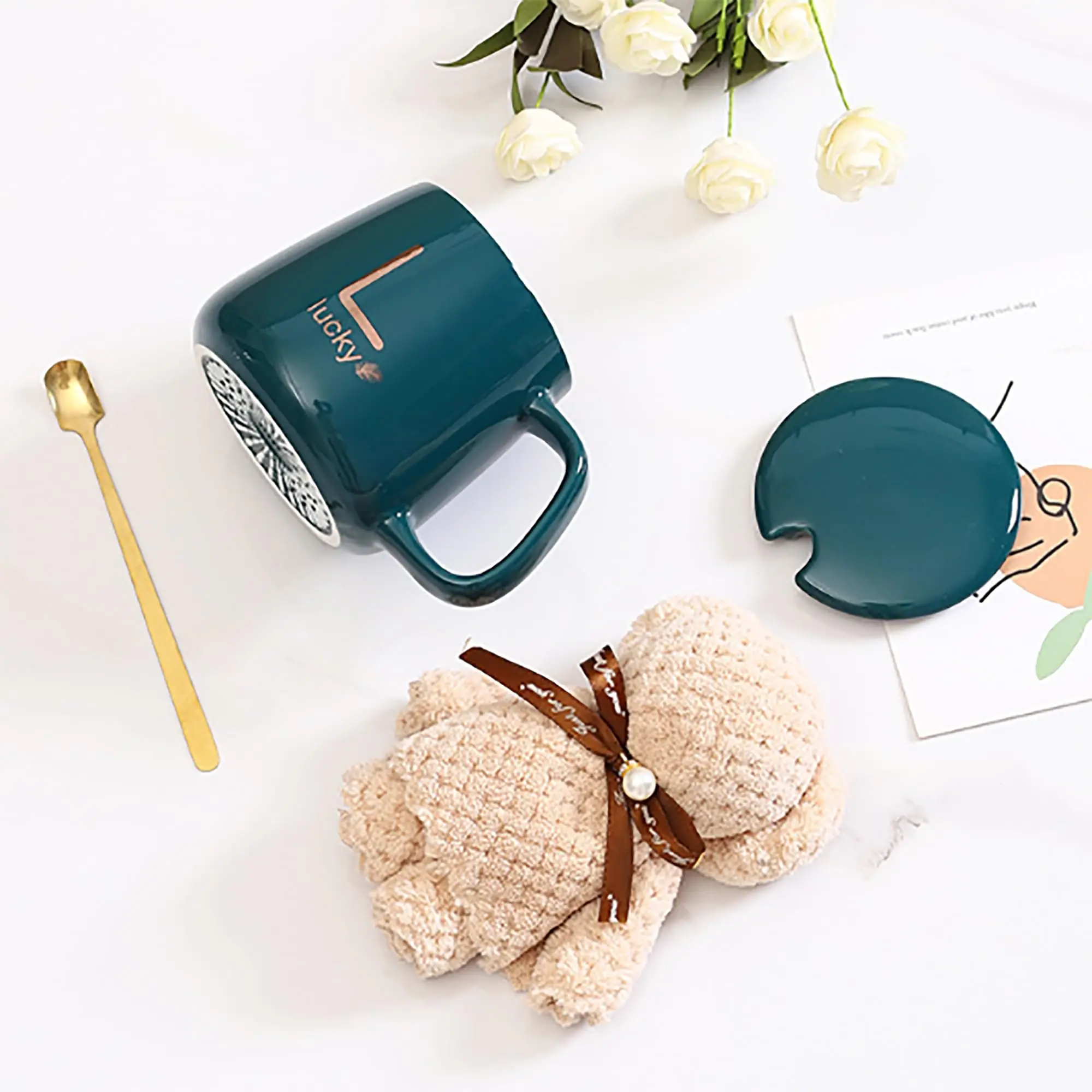 Luxury 4-in-1 Ceramic Coffee Cup Set with Bear Towel And Spoon - Wedding Birthday Special Occasion Gift in Elegant Gift Box - view 6