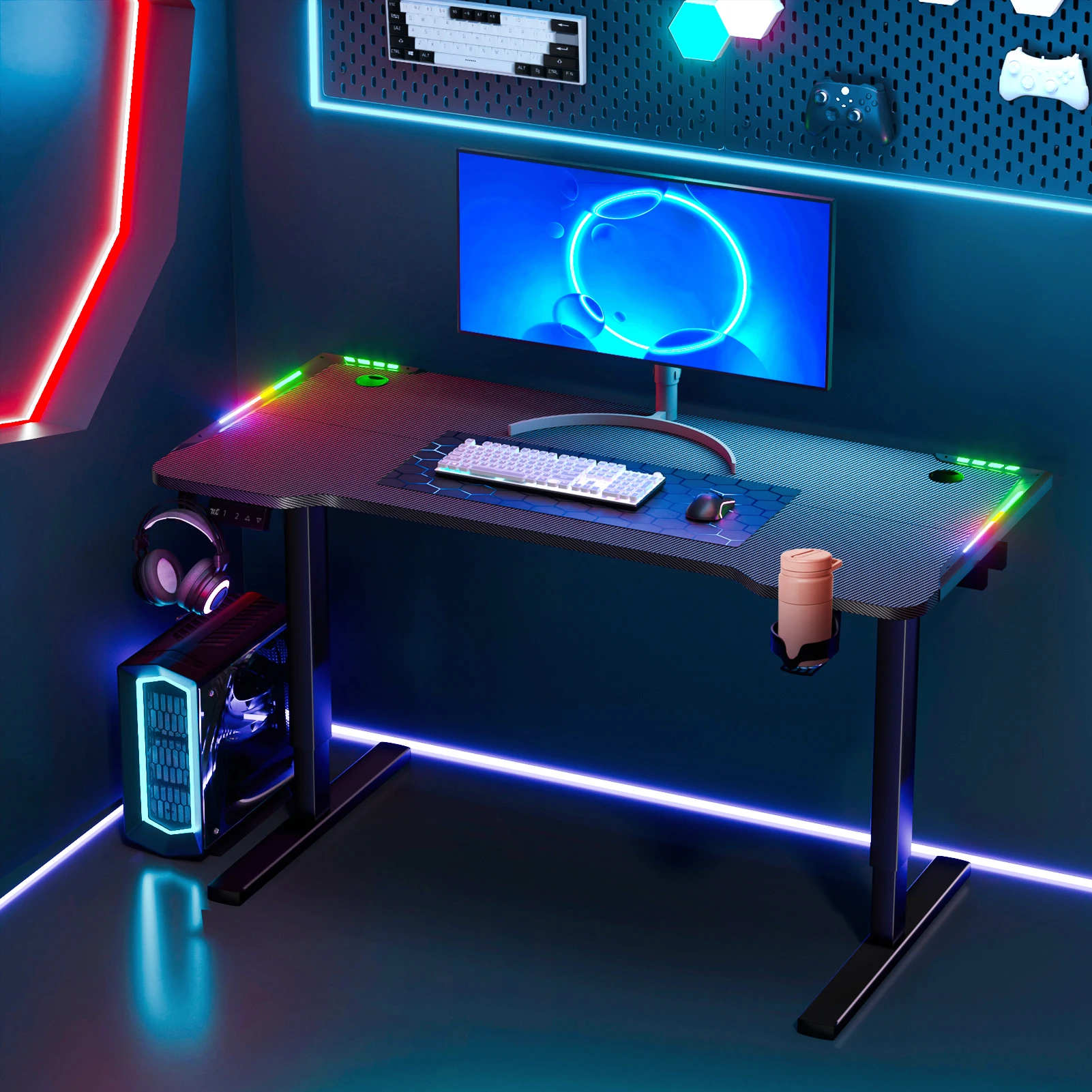 56in Gaming Desk, 3 Levels Electric Lift Standing Desk, Ergonomic Computer Game Table with Colorful Light Strip, PC Workstation