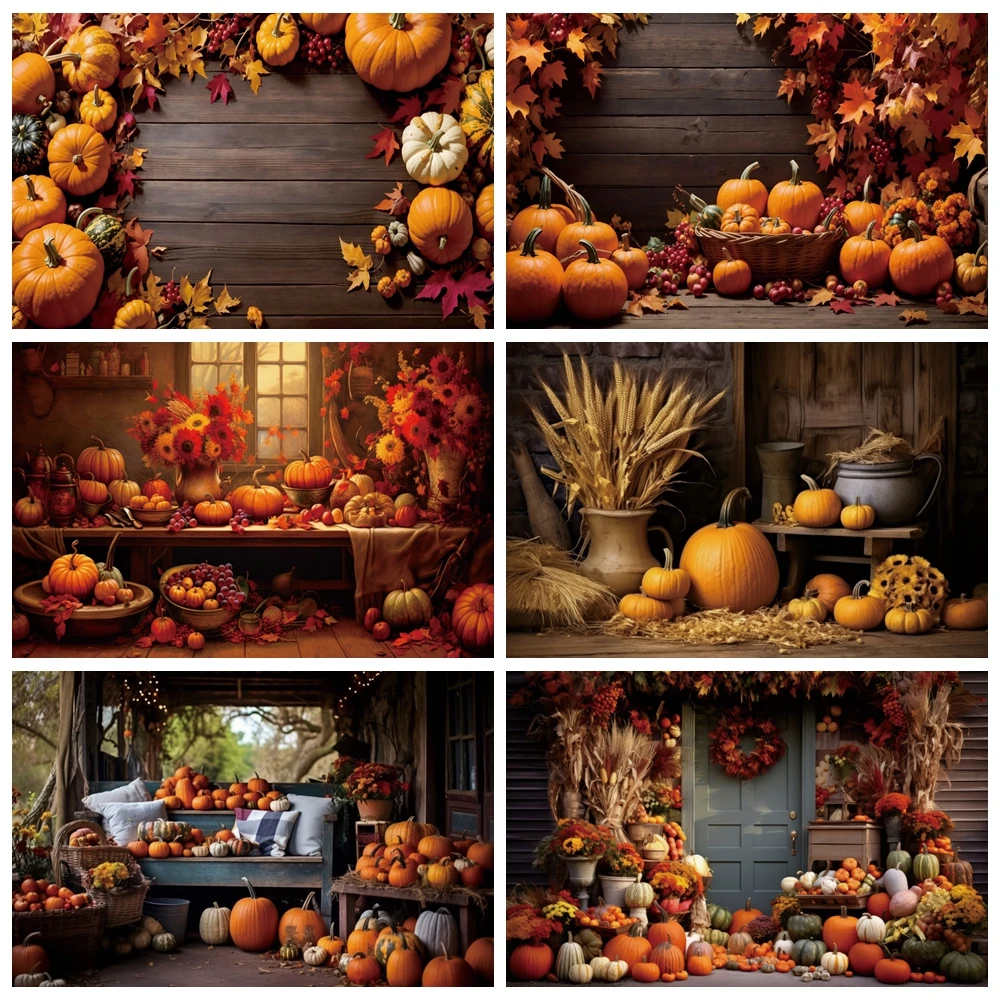 

Autumn Barn Pumpkin Backdrop Fall Thanksgiving Wooden Board Pumpkin Harvest Maple Leaves Baby Portrait Photography Background