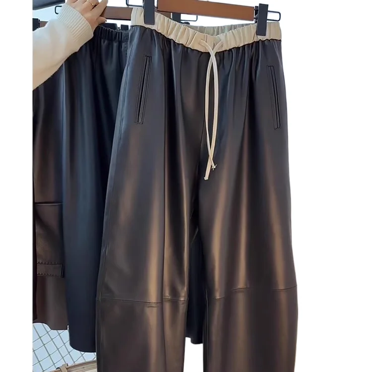 

Winter New Fashion Women's Color-coded Casual Trendy Drawstring Wide Leg Straight Leather Trousers Female Pants Clothes
