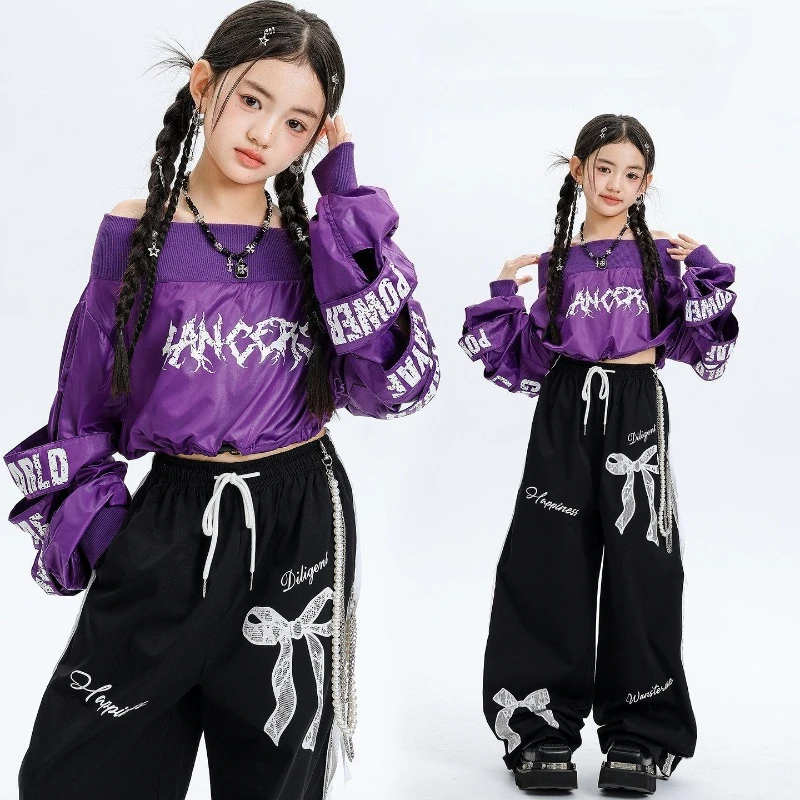 

Girls Hip Hop Purple Shoulder Top Street Dance Black Pants K-pop Jazz Clothes Fashion Streetwear Set Group Stage Wear Costume