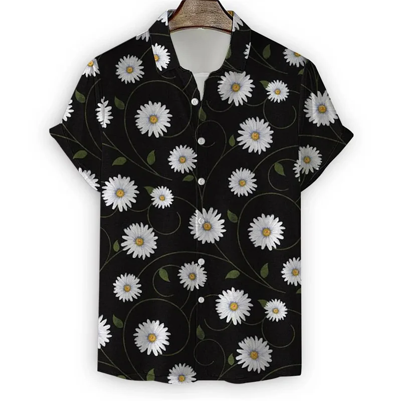 Daisy Pattern Hawaiian Shirt For Men Chrysanthemum 3D Printed Aloha Shirts Summer Vacation Short Sleeve Blouse Loose Lapel Tops