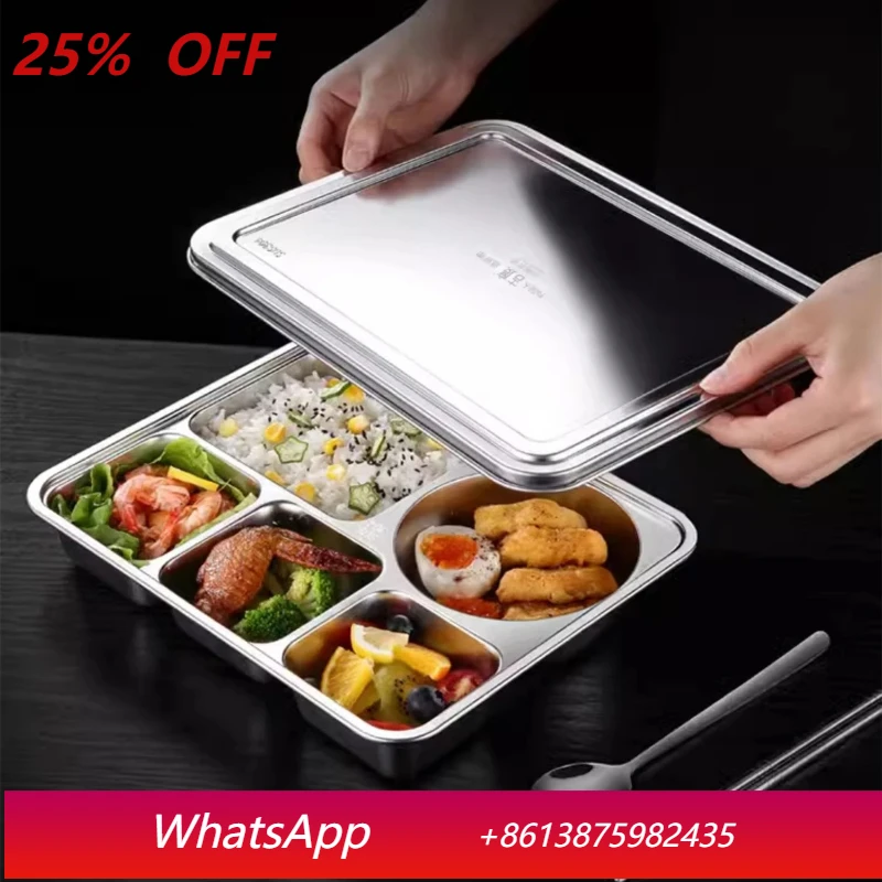 

LMM Stainless Steel Campus Canteen Lunch Box 4& 5 Compartment Food Tray 4cm Deep Thickened Food Container