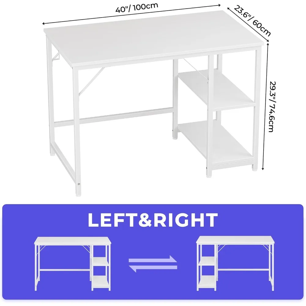 Home Office Computer Desk with Wooden Storage Shelf,Small Office White Desk and Gaming Table with Splice Board