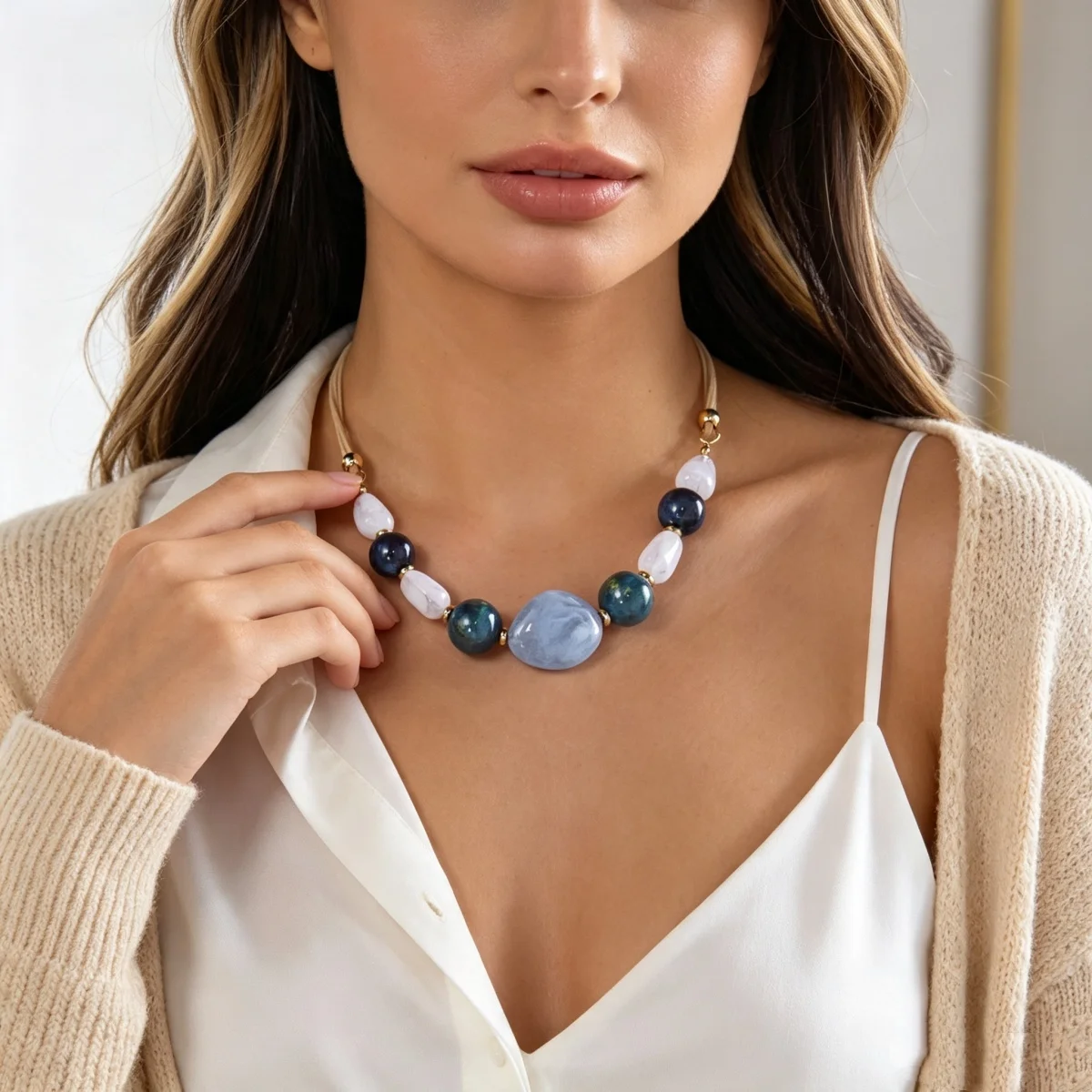 Ins Vintage Mehrfarbige Unregelmäßige Acrylperlen-Halskette für Damen und Herren, Handgefertigte Samtkette, Harzperlen-Choker, Ästhetischer Schmuck – Detail 10