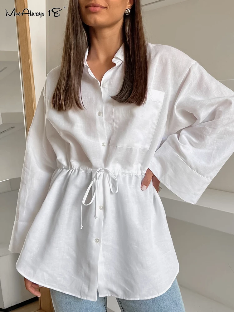 Mnealways18 White Cotton Linen Shirts For Women Lace-Up Lapel Casual Elegant Blouses Office Ladies Sunwear 2024 Long Sleeve Tops