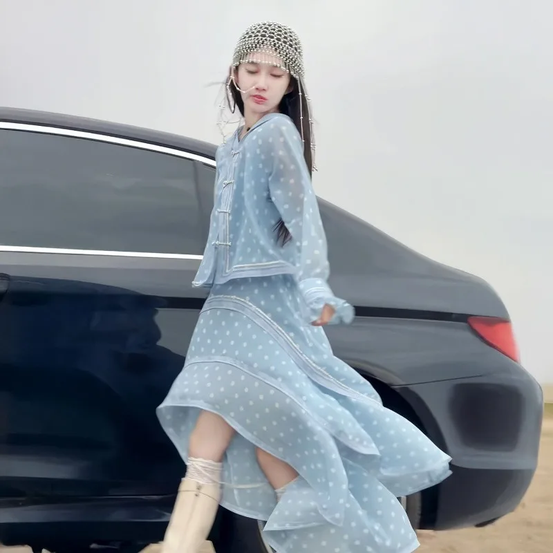 Gentle Foreign Fashion Sense Spring Summer Internet Celebrity New Casual Polka Dot Age-reducing Jacket Skirt Two-piece Set Women