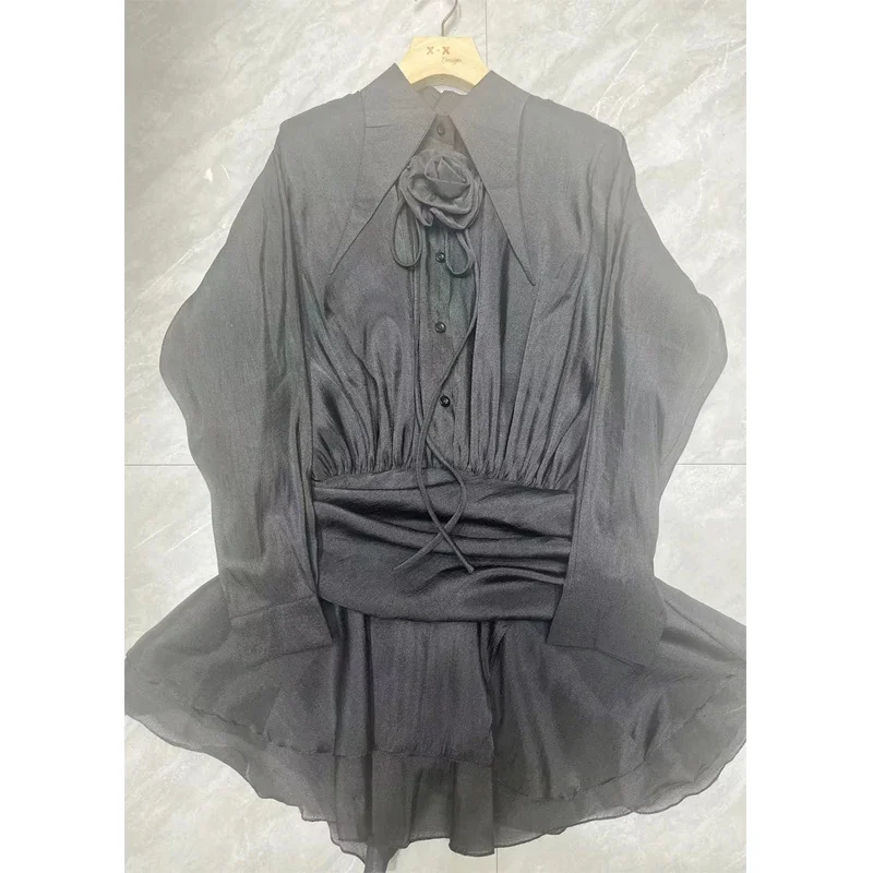2025 New See-Through Tierred Dress Woman Summer Solid Turn-Down Collar Shirt Ruffles Chic Long-Sleeve Chiffon Party Bodycon