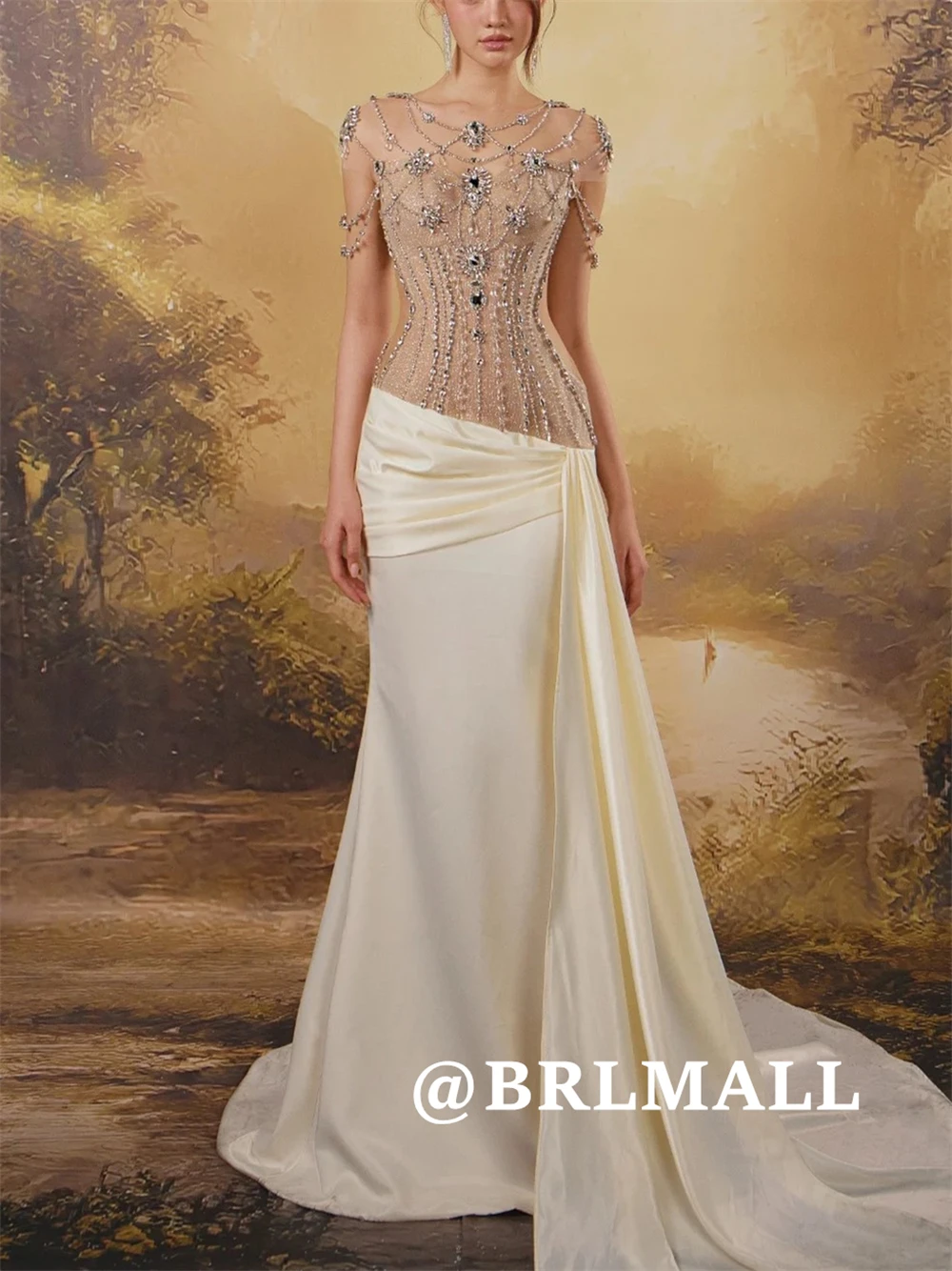 

BRLMALL Sexy See Through Prom Dress with Beads and Crystals Sheath Long Satin Evening Dresses for Women Customized Colors
